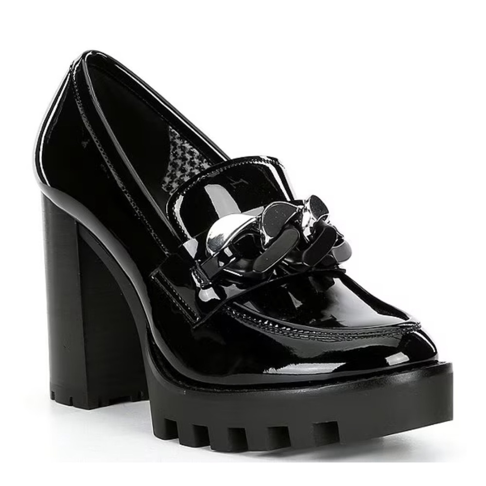 Antonio Melani Parker Black Platform lug loafers Silver Chain NWOB Size 8.5